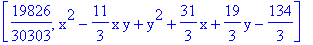 [19826/30303, x^2-11/3*x*y+y^2+31/3*x+19/3*y-134/3]